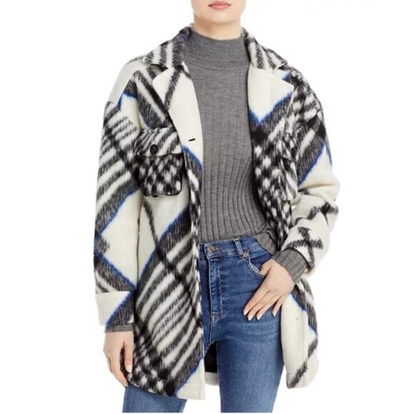 Anine Bing Oakley Plaid Fleee Oversized Coat Jacket White Black Large - Picture 10 of 10